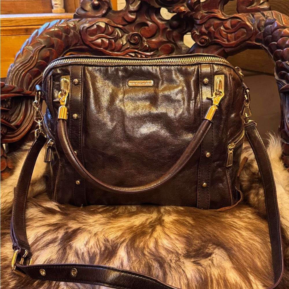 Rebecca Minkoff Dark Brown Leather Satchel with Gold-Tone Hardware